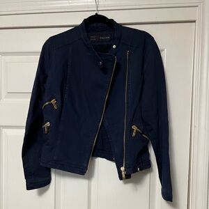 Zara Navy Asymmetrical Zip Bomber Jacket with Gold Hardware